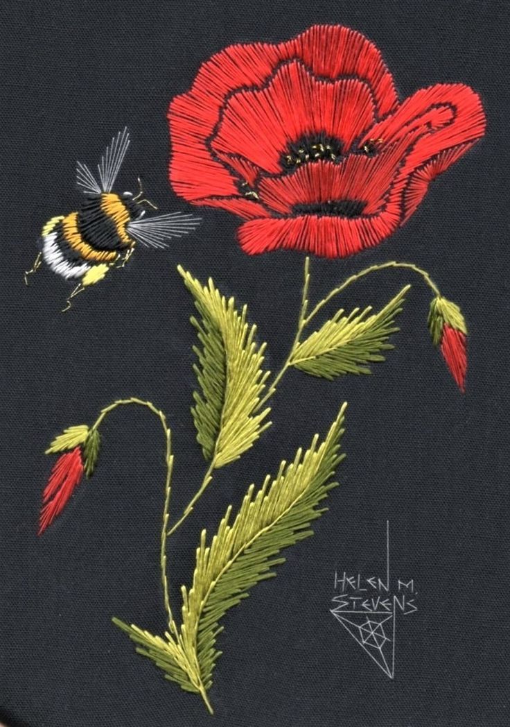 a red flower and a bee on a black background