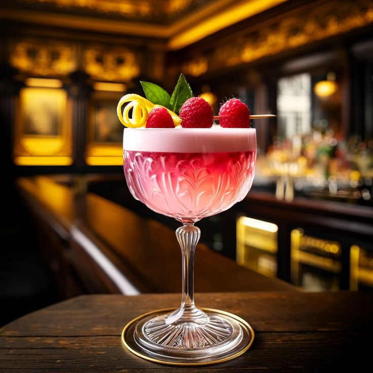 a pink cocktail with raspberries and lemons in a glass on a bar