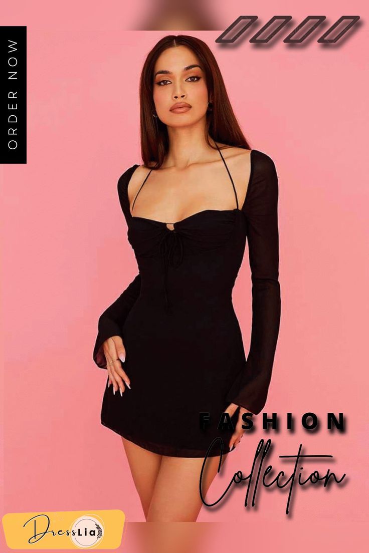 Women Flare Long Sleeve Pink Dress Fashion Square Collar Bandage Robes Sexy Cut Out Party Club Vestidos Pink Dress Fashion, Pink Long Sleeve Dress, Evening Dresses With Sleeves, Flare Long Sleeve, Dream Dresses, White Dresses For Women, Flare Mini Dress, Long Sleeve Lace Dress, Long Sleeve Mini Dress