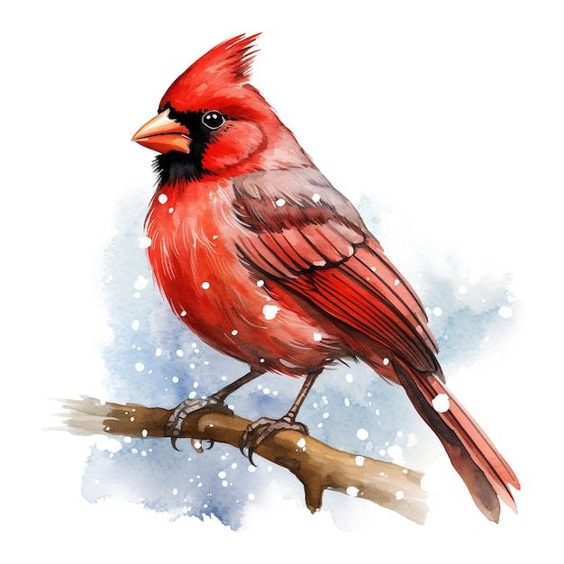 a red bird sitting on top of a tree branch in the snow with watercolor splashes