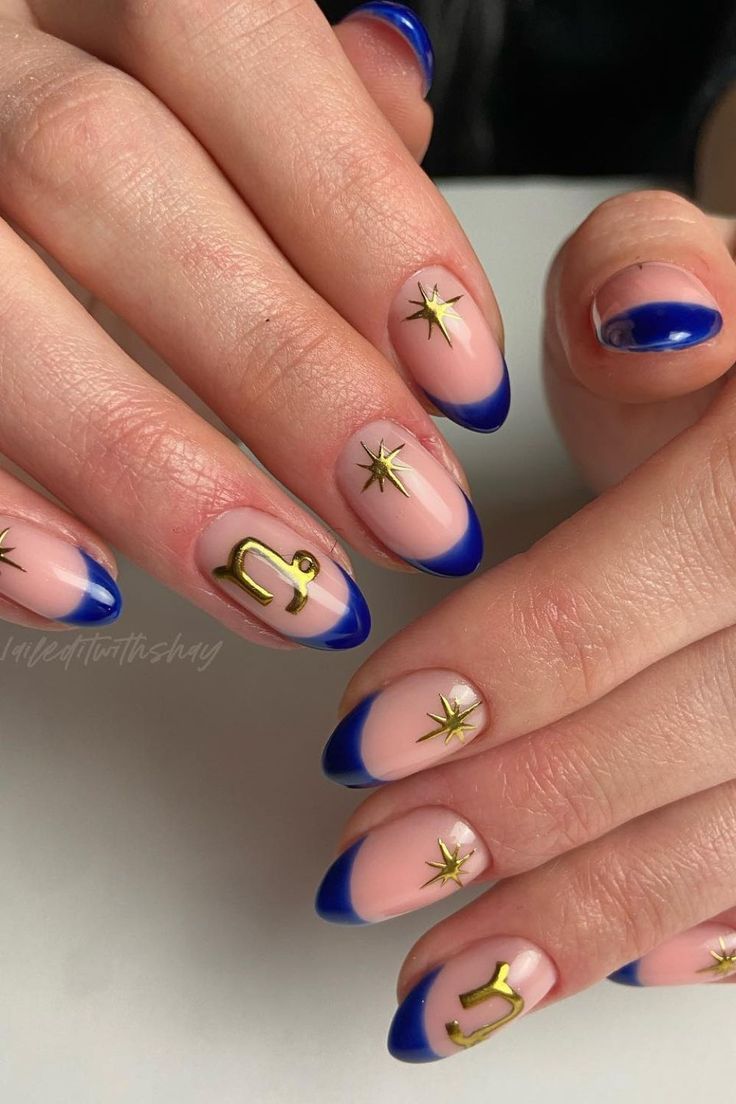 Blue French Tip Capricorn Nails Minimal French Tip, Simple Dot Nail Art, Capricorn Nails, Zodiac Nail Designs, Long Nails Almond, Dot Nail Art Designs, Birthday Nail Art, Birthday Nail Ideas, Art Ideas For Summer