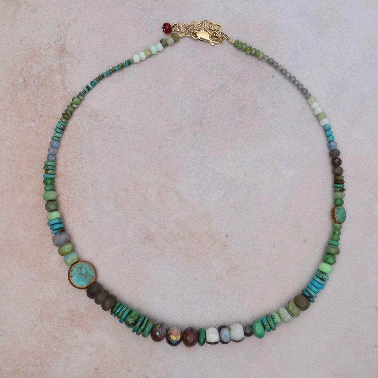 Opal, labradorite, roman glass, blue moonstone, turquoise, brass, neon apatite, chrysocolla, and one ruby Adjustable 16-18" All natural stones slight variations in color will occur Handmade in CT Riverstone Jewelry Turquoise Labradorite Spiritual Necklace, Spiritual Turquoise Labradorite Necklace, Green Labradorite Necklaces With Natural Stones, Bohemian Labradorite Beaded Necklace, Bohemian Turquoise Chrysoprase Necklace, Bohemian Labradorite Beaded Necklace With Natural Stones, Bohemian Green Turquoise Necklace, Bohemian Chrysocolla Beaded Necklaces For Jewelry Making, Bohemian Labradorite Stone Necklaces