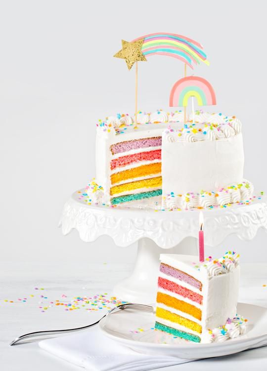 a rainbow cake on a white plate with a fork and napkin in front of it