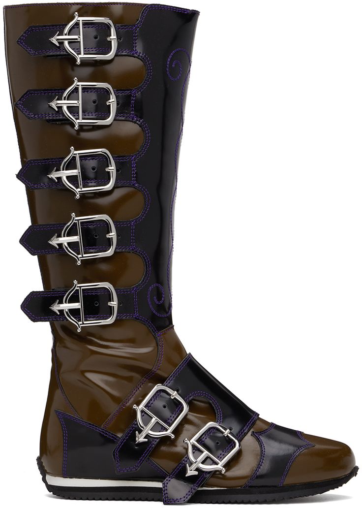 Calf-high patent leather boots in brown and black. · Pin-buckle straps at vamp and ankle · Zip closure at inner side · Grained leather lining · Treaded rubber sole · Contrast stitching in purple Supplier color: Black/Brown Future Medieval, Castle Core, Knight Core, Pinterest Predicts, Y2k Boots, Chopova Lowena, Fantasy Realm, 2025 Trends, Patent Leather Boots