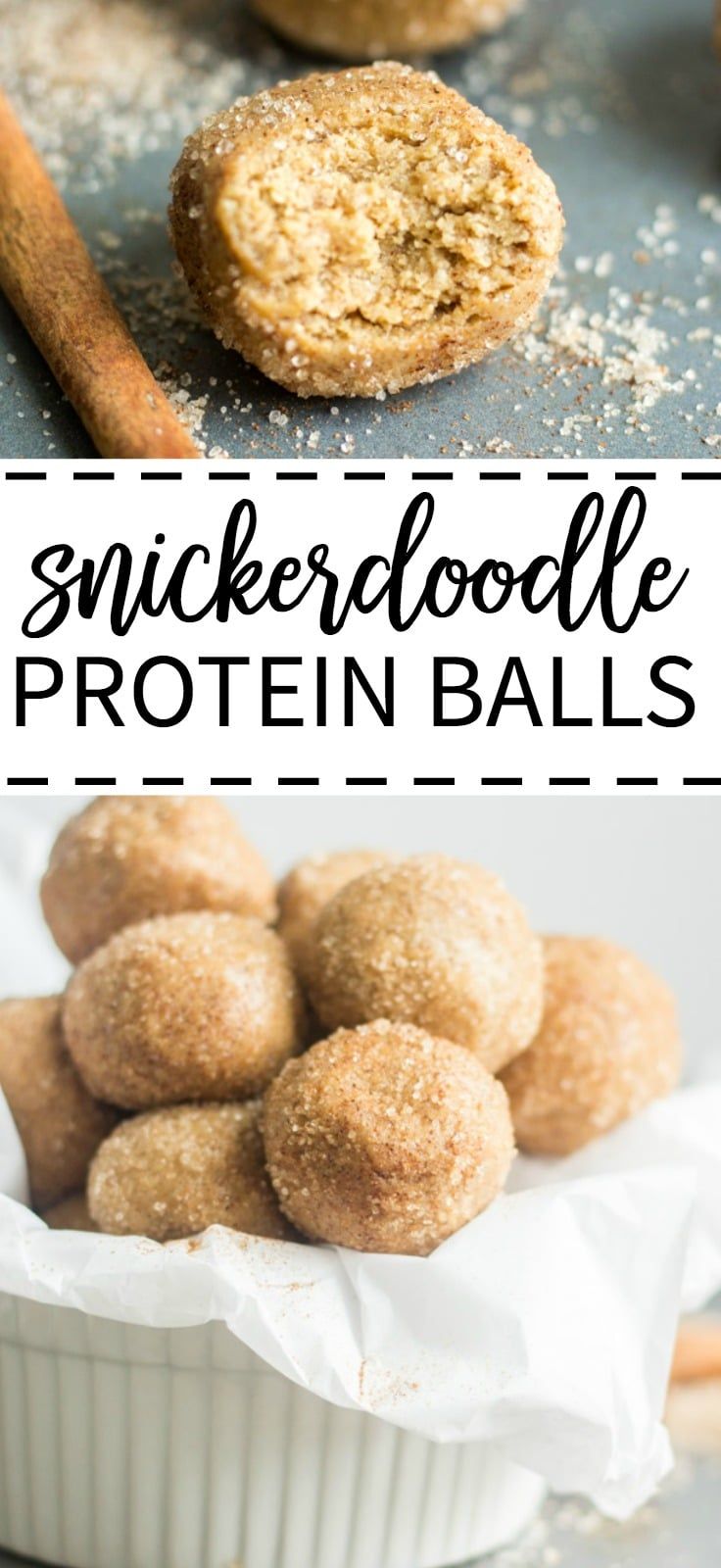 a bowl full of cookies and some cinnamon stick in the background with text overlay that reads, snickkerdoodle protein balls