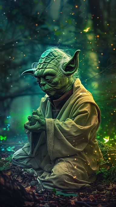 yoda sitting in the forest with his hands clasped to his chest and eyes closed