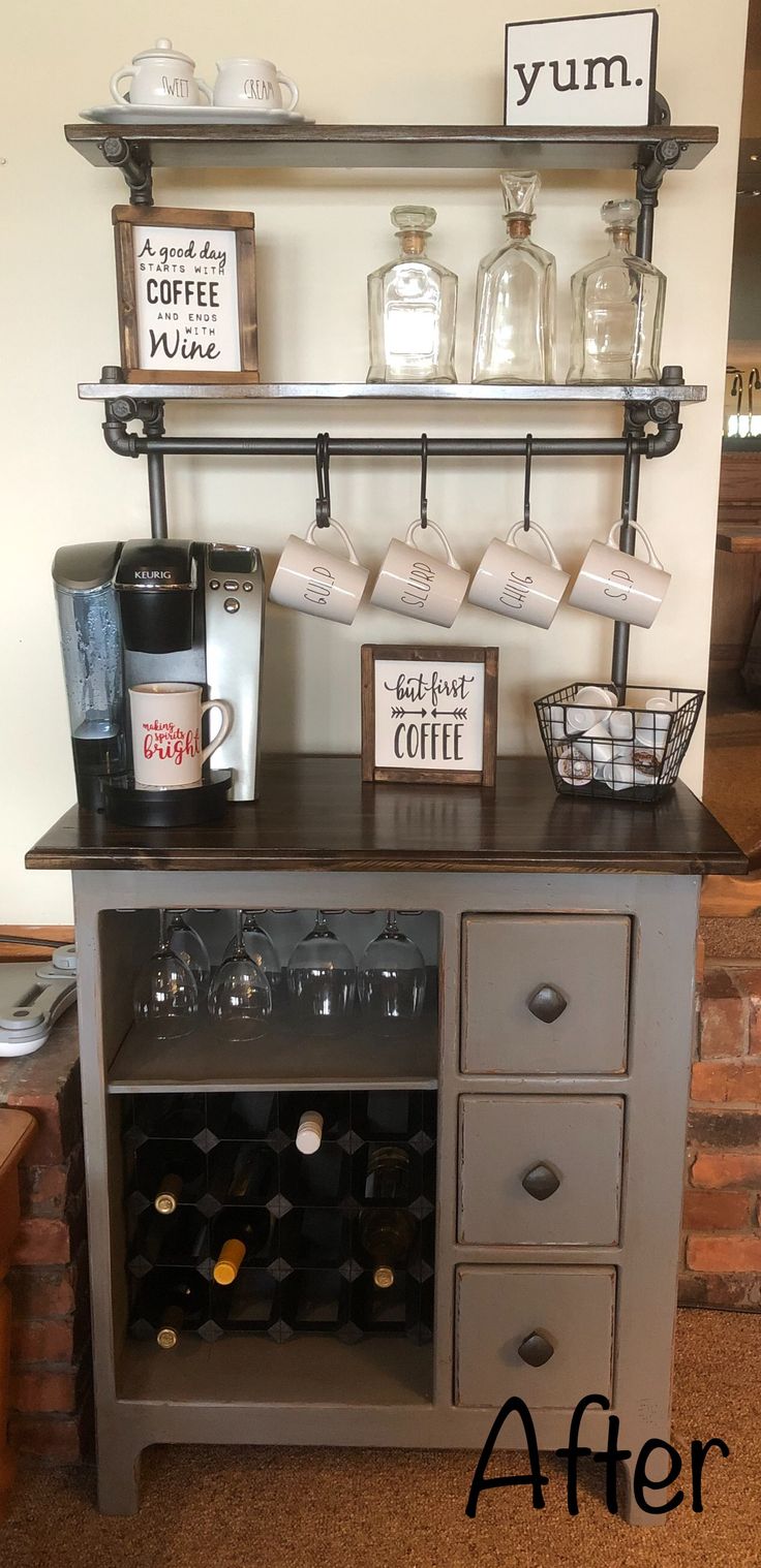 a coffee bar with wine glasses and signs on it