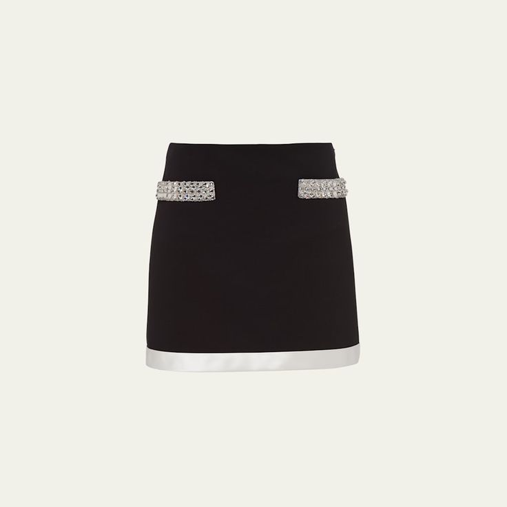 Miu Miu grain de poudre skirt with glass embellishment High waist A-line silhouette Mini length Side zip Virgin wool/elastane Dry clean Made in Italy Chic Miu Miu Mini Skirt, Elegant Embellished Pencil Skirt, Elegant Miu Miu Skirt, Chic Miu Miu Skirt For Work, Chic Miu Miu Skirt For Workwear, Chic Lined Skirt By Miu Miu, Embellished Evening Skirt, Elegant Embellished Formal Mini Skirt, Elegant Embellished Mini Skirt For Formal Occasions