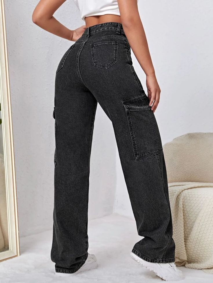 Upgrade your denim collection with our High Waist Side Pocket Jeans. These jeans feature a high waist design that flatters your figure and side pockets for added convenience and style. Made with quality denim fabric, they offer both comfort and durability. Perfect for a casual yet trendy look, these high waist side pocket jeans are a versatile addition to your wardrobe. Details: Pattern Type: Plain Type: Straight Leg Jeans Style: Cargo Pants Closure Type: Zipper Fly Details: Button, Pocket, Zipp Side Pocket Jeans, Style Cargo Pants, Trendy Denim, Trendy Jeans, Pants Details, Style Cargo, Clean Body, Denim Collection, Cargo Jeans