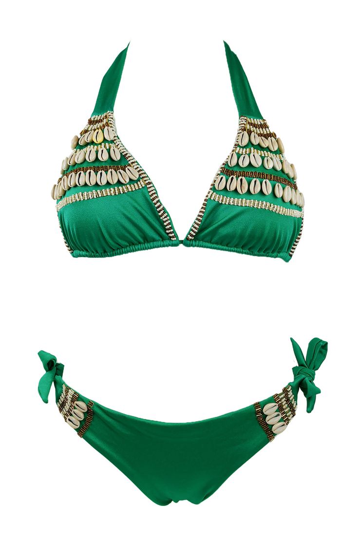 Green Bikini with Shells and beads decorated Rich Green, All Eyes, The Palm, Monokini, Green Fabric, Hand Decorated, All About Eyes, How To Make Beads, This Summer