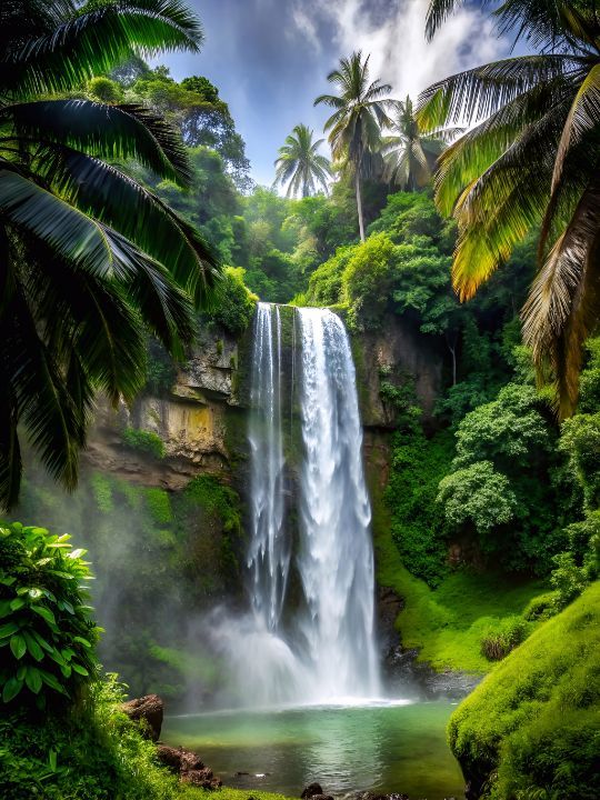 a large waterfall surrounded by lush green trees and water with palm trees in the foreground