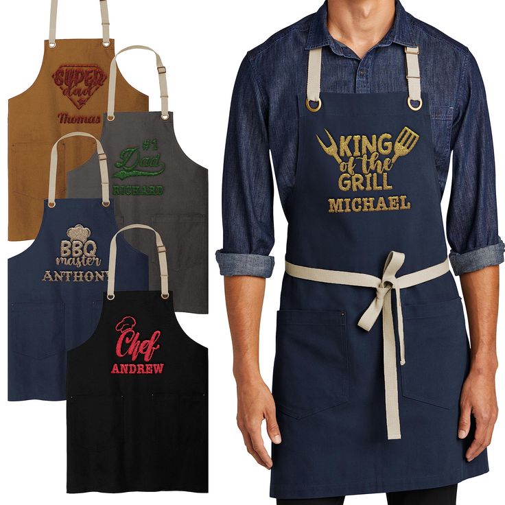 an apron with the words king and his grill michael on it is shown in three different colors