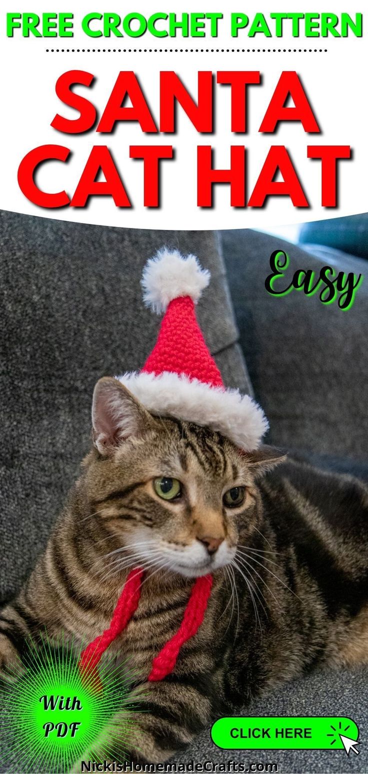 a cat wearing a santa hat laying on top of a couch with the caption free crochet pattern