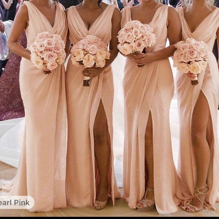 the bridesmaids are all dressed in different styles of gowns and bouquets