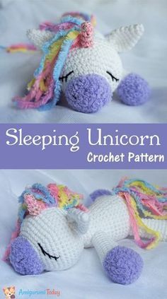 a crocheted stuffed unicorn laying on top of a bed next to the words sleeping unicorn crochet pattern