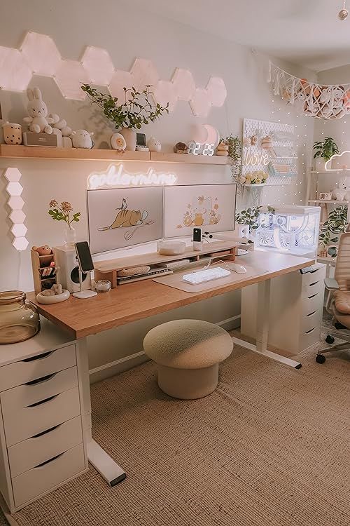 a home office with lots of plants and decorations