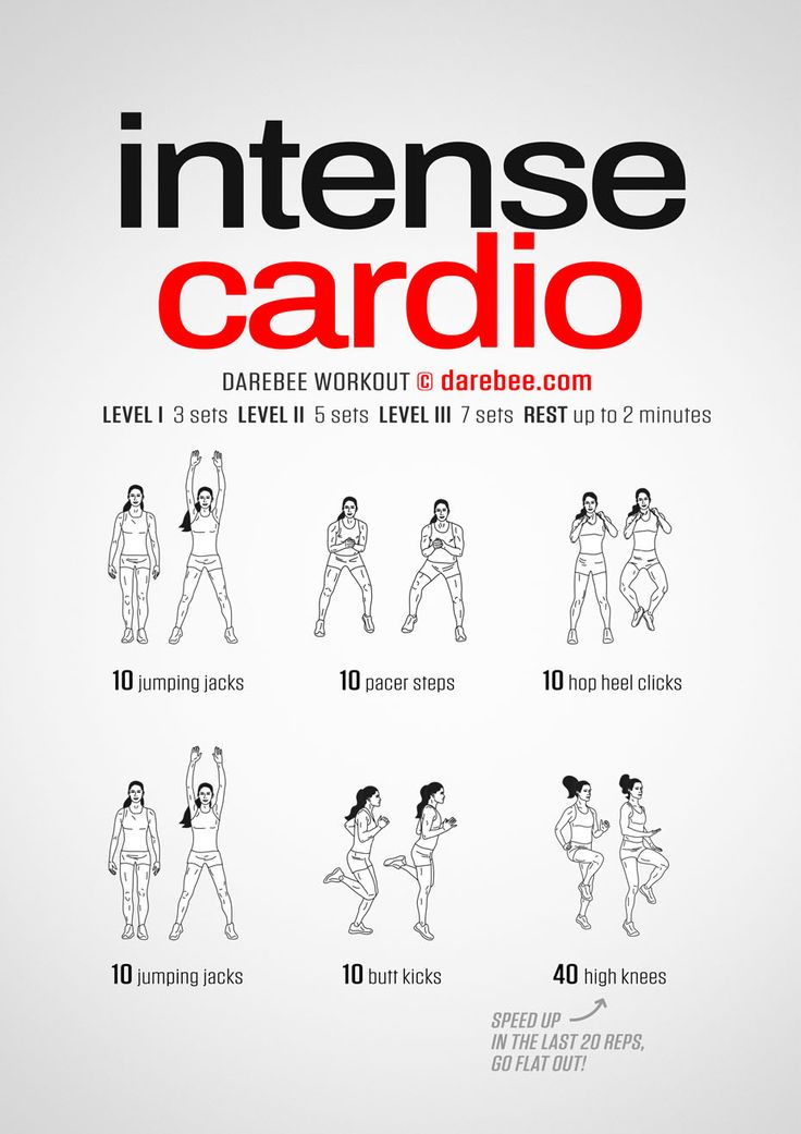 the instructions for intense cardio are shown in red and black on a white background