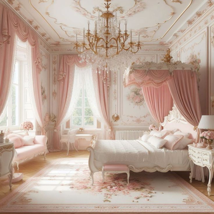 an elegant bedroom with pink curtains and chandelier