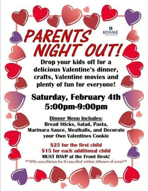 a flyer for the valentine's night out event with hearts hanging from strings on it