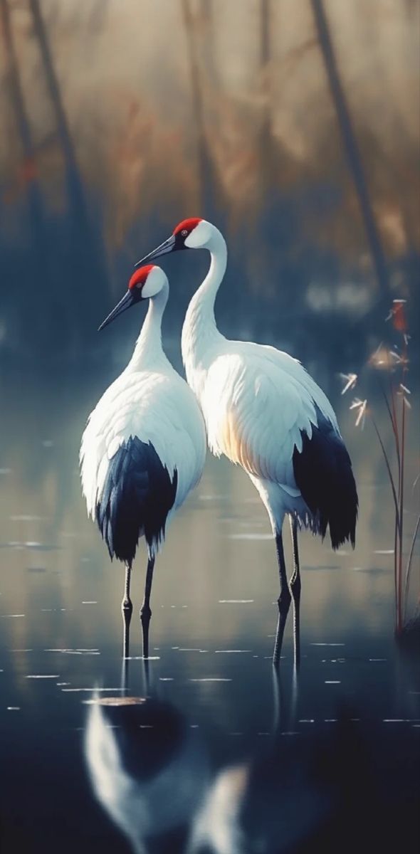 two birds standing in the water next to each other