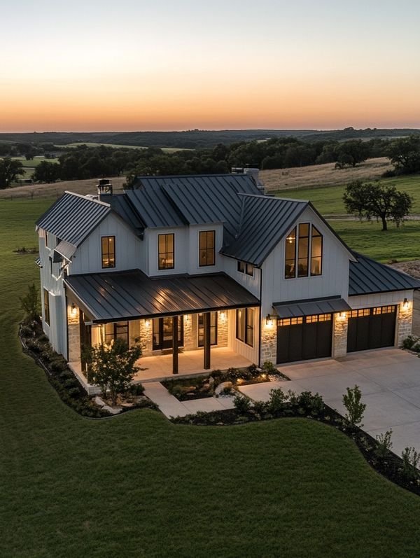 an aerial view of a house at sunset