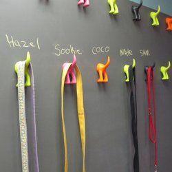 a chalkboard with several different colored ribbons hanging on it