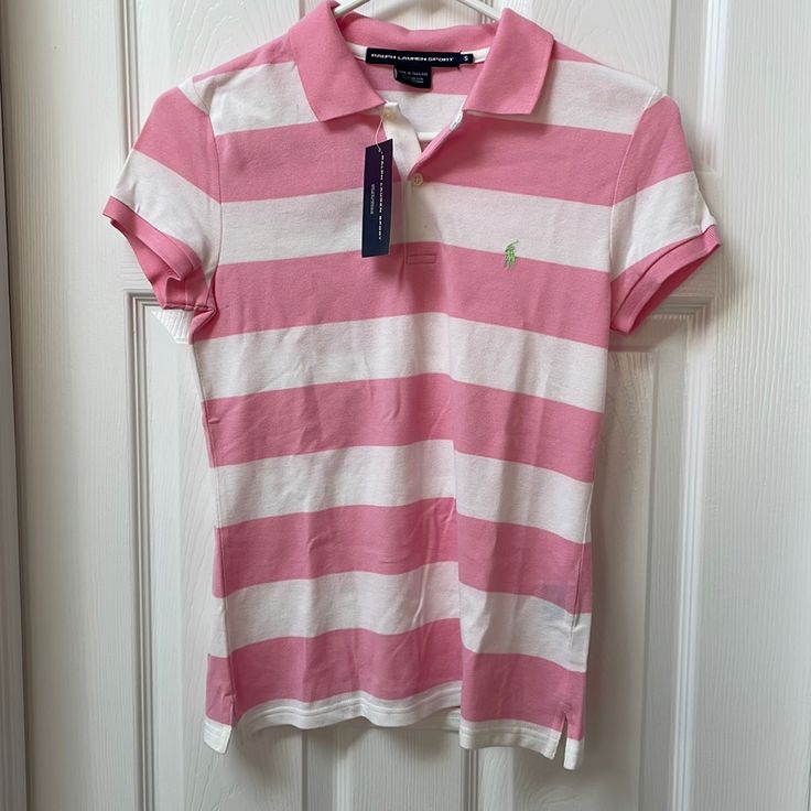 Ralph Lauren Sport Pink And White Striped Shirt Preppy Cotton Polo Shirt For Spring, Striped Fitted Polo Shirt For Spring, Ralph Lauren Pink Spring Top, Ralph Lauren Pink Top For Spring, Ralph Lauren White Preppy Tops, Ralph Lauren Preppy Short Sleeve Top, Pink Ralph Lauren Cotton Tops, Ralph Lauren Striped Collared Tops, White Preppy Ralph Lauren Tops