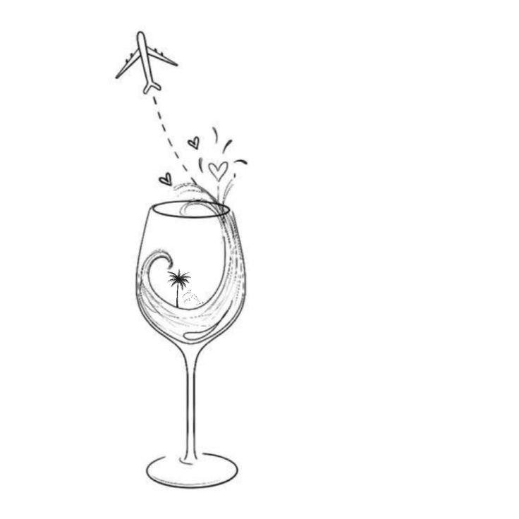 a drawing of a wine glass with an airplane coming out of the top and shooting stars in the air