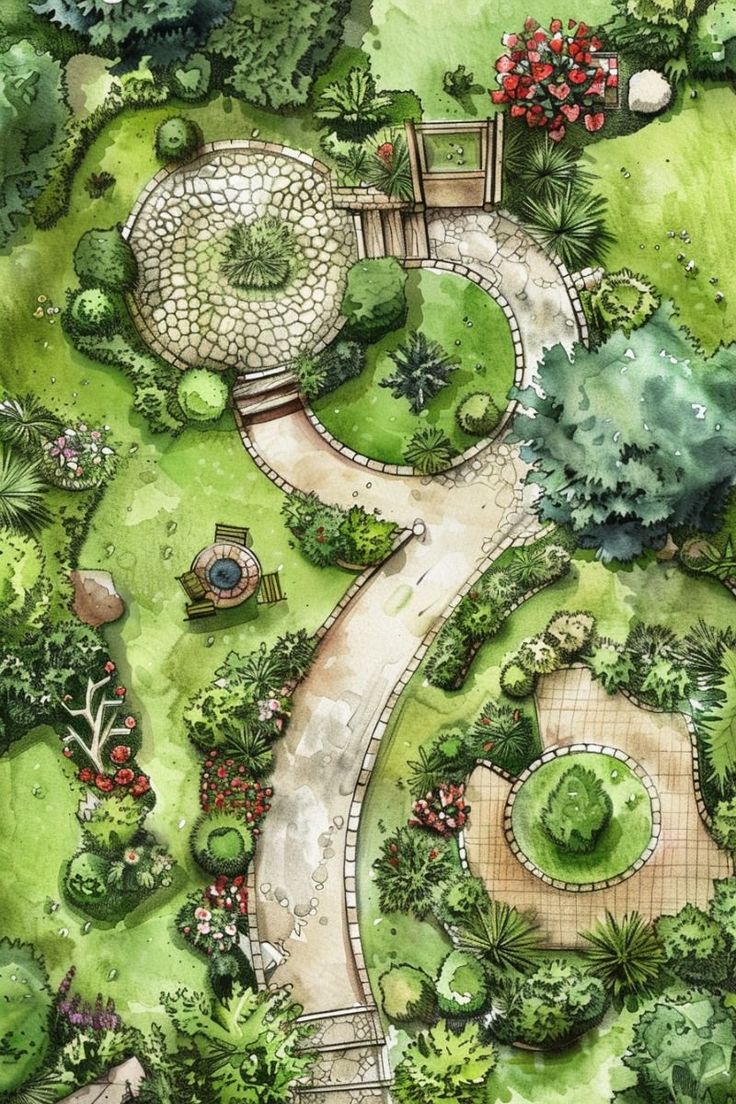 an aerial view of a garden with lots of trees and plants on the sides of it