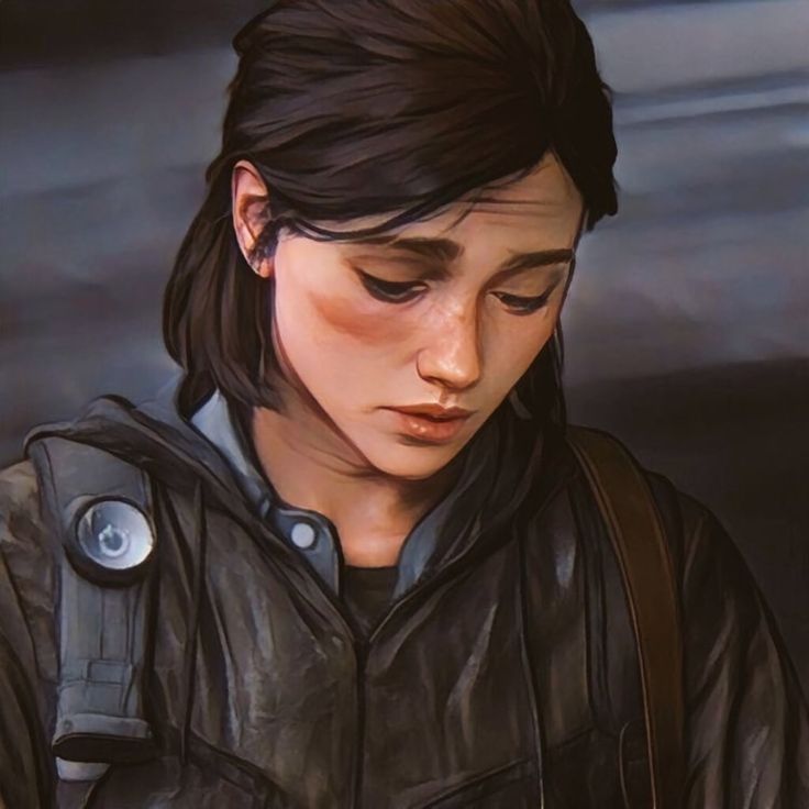 a painting of a woman in a leather jacket looking down at her cell phone