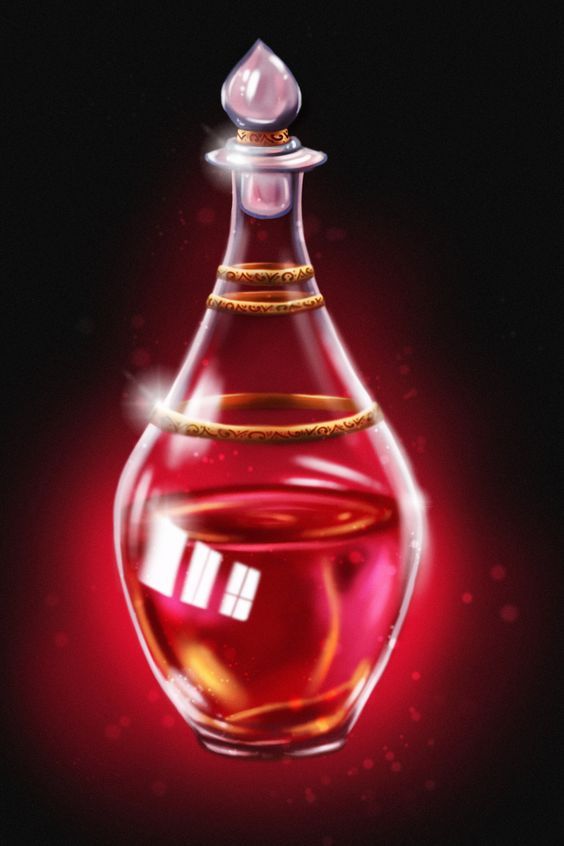 a red glass bottle filled with liquid on top of a black background and gold trimmings