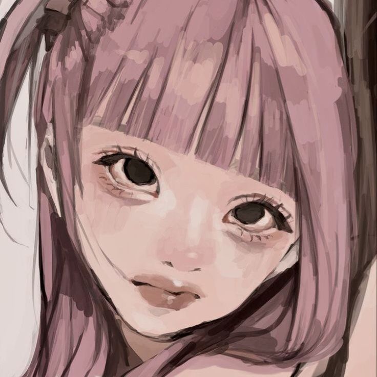 a drawing of a girl with pink hair and bangs, looking at the camera while she has her eyes closed