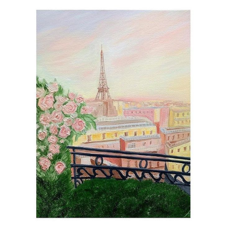 a painting of the eiffel tower in paris with pink roses and green grass