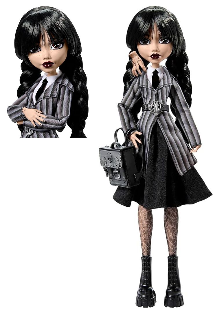 a doll dressed in black and white holding a purse