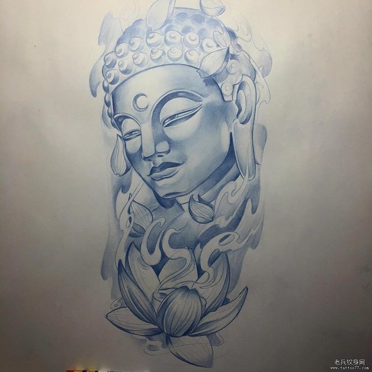 a drawing of a buddha head with flowers on it