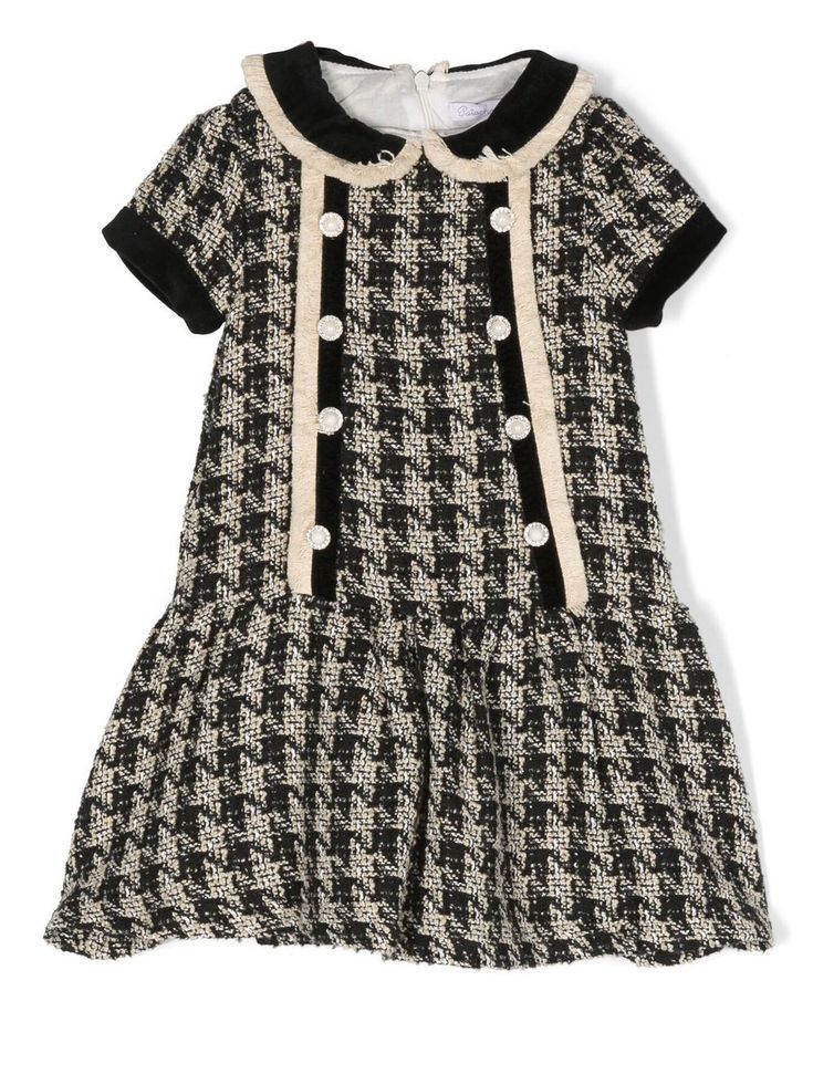 black/beige cotton blend tweed houndstooth pattern stripe detailing rhinestone-embellished buttons bib collar rear zip fastening short sleeves dropped waist straight hem Embellished Buttons, Bib Collar, Girls Casual Dresses, Pearl Dress, Black Houndstooth, Unisex Dress, Houndstooth Pattern, Tweed Dress, Vestido Casual