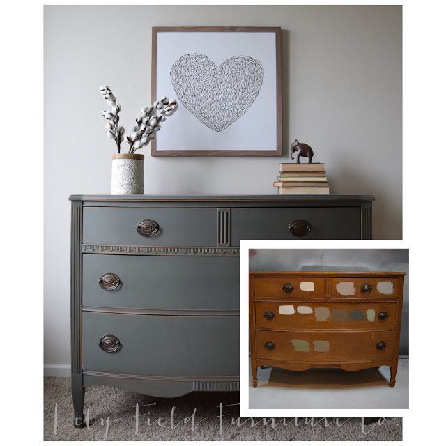 an old dresser has been painted gray with white dots and is next to a framed heart