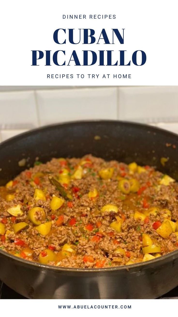 a pan filled with food sitting on top of a stove next to the words cuban picadillo