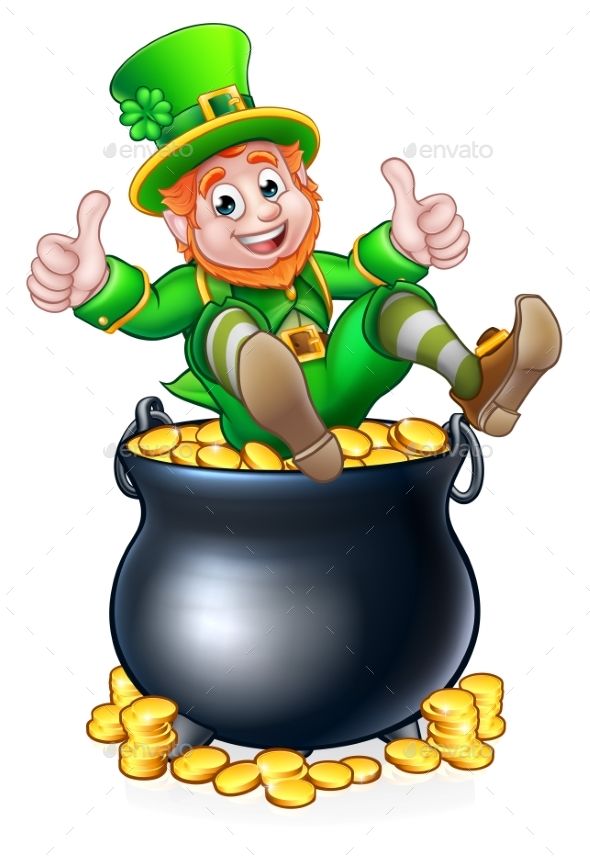 a lepreite sitting in a pot full of gold coins and giving thumbs up