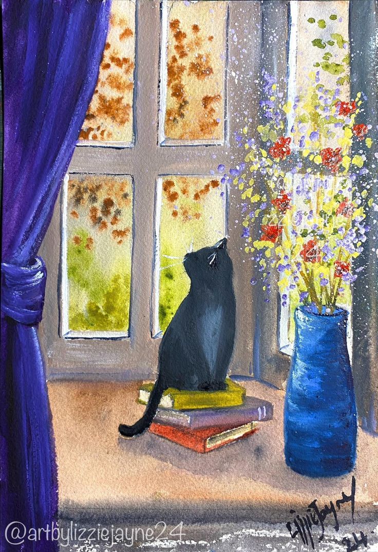 a painting of a black cat sitting on top of books next to a vase with flowers