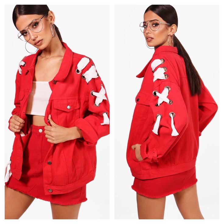 Be Daring In Boohoo’s Stephanie Eyelet Lace Up Oversized Denim Jacket. Featuring A Rich Red Dye Denim That Is Oversized For A Boyfriend Look And Durable With Its 100% Cotton Material. The Lace Up Details Enhances Its Uniqueness. This Jacket Is Truly In A League Of Its Own! Important: *Size: Us 6/ Uk 10 *Runs Big Because It Is Oversized *Due To The Dye And Storage, There Are Slight Discolorations On The Sleeves And Right Collar. I Am Willing To Negotiate The Price Because Of This Discrepancy. Red Denim Trendy Outerwear, Red Trendy Denim Outerwear, Casual Red Denim Outerwear, Red Spring Outerwear With Pockets, Trendy Red Cotton Denim Jacket, Casual Red Denim Jacket For Streetwear, Red Cotton Denim Jacket For Streetwear, Red Long Sleeve Denim Jacket For Streetwear, Red Summer Outerwear With Pockets