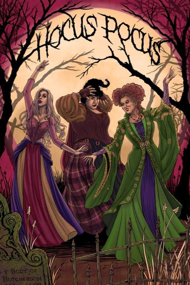 Illustration with the three witches from the hocus pocus movie. Hocus Pocus Painting Ideas, Hocus Pocus Artwork, Hocus Pocus Colors, Hocus Pocus Color Palette, Hocus Pocus Illustration, Hocus Pocus Images, Hocus Pocus Coloring Pages, Hocus Pocus Poster, Hocus Pocus Painting