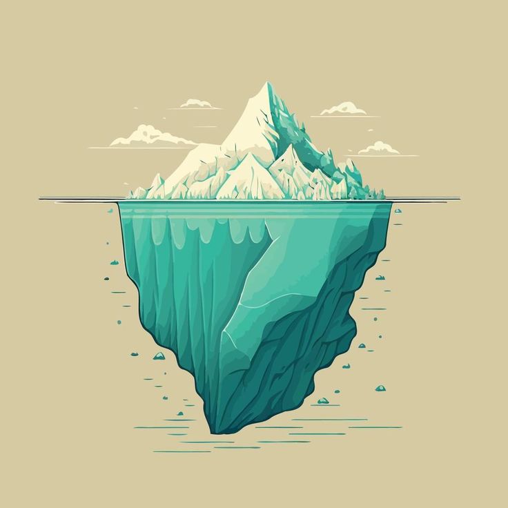 an iceberg floating in the water with mountains and clouds behind it on a beige background