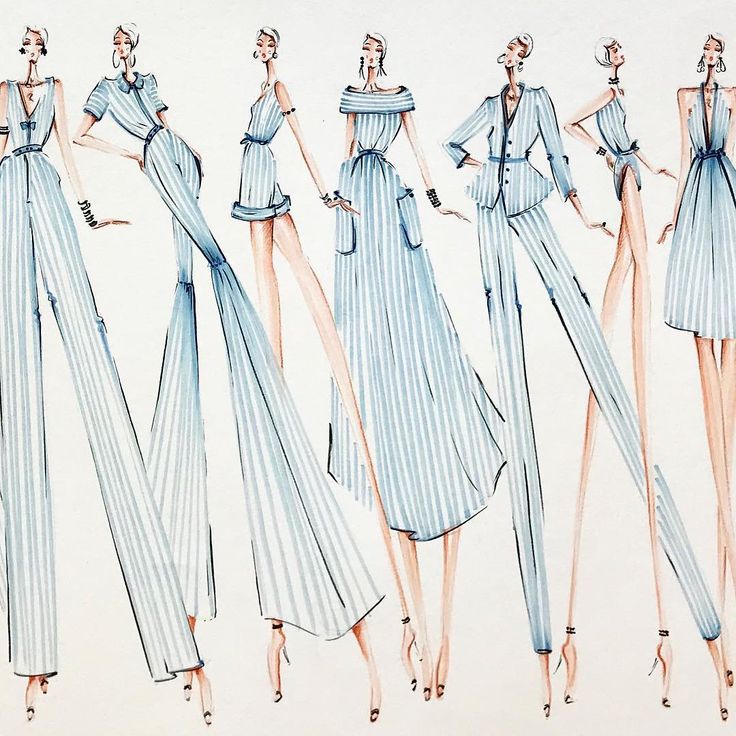 a drawing of four women's dresses in blue and white stripes