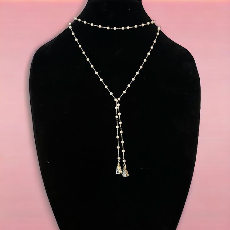 Nwt. Delicate Gold Tone Chain With Stationed White Frosted Faceted Glass Beads. Gray And Black Speckled Triangular Ends. Elegant Beaded Chain Lariat Crystal Necklace, Elegant Crystal Lariat Necklace With Beaded Chain, Elegant Lariat Crystal Necklace With Beaded Chain, White Lariat Necklace With Beaded Chain, White Beaded Chain Lariat Necklace, Elegant White Crystal Necklaces With Pearl Drop, Elegant White Crystal Necklace With Pearl Drop, Elegant White Crystal Necklace With Pearl Chain, Adjustable Silver Beaded Bridal Necklace