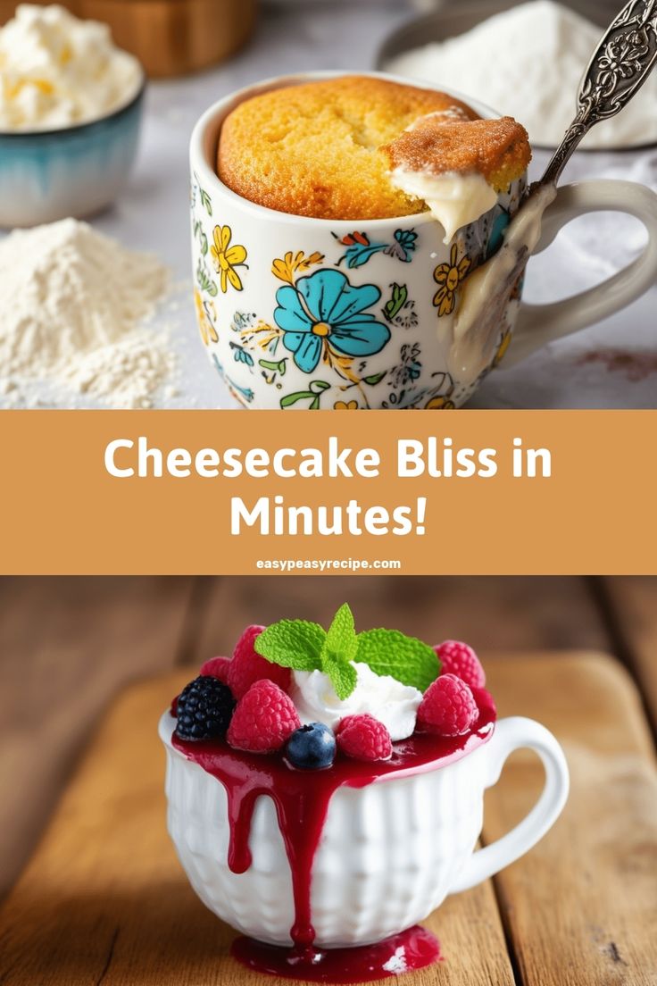 Cheesecake flavored mug cake topped with berries and mint leaves, served in a decorative mug. Mug Cheesecake Microwave, One Serving Recipes, Personal Cheesecake Recipe, Cream Cheese Mug Cake, Mug Recipes Dessert, Cheesecake Mug Cake, Mug Cake Cake Mix, Easy Mug Recipes, Mug Cakes Microwave