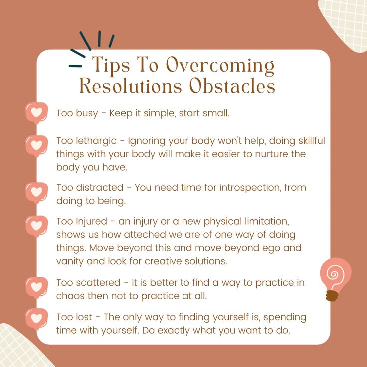 an info sheet with the words tips to overcoming resolution obstacles on it and hearts around it