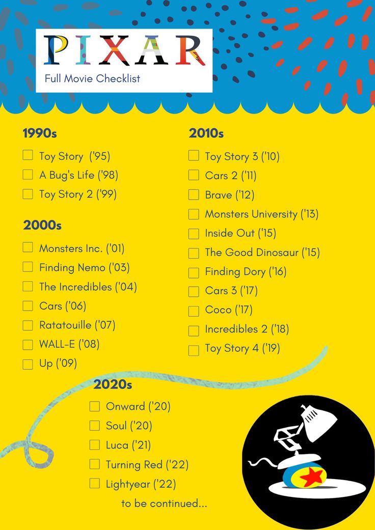 the pixar movie checklist is shown in blue and yellow with an image of a