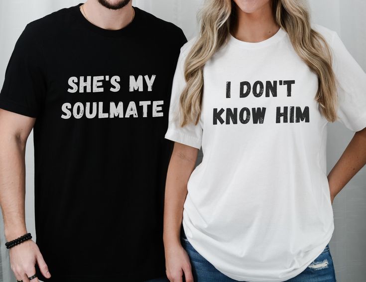 Funny couples shirts These shirts will be a conversation starter. You and your significant other can combine these designs in a number of ways. Features distressed lettering. She's my soulmate/I don't know him She's my soulmate/I don't know her He's my soulmate/I don't know her He's my soulmate/He's my soulmate She's my soulmate/He's my soulmate She's my soulmate/She's my soulmate I don't know her/I don't know her I don't know him/I don't know him 5 colors to choose from! Black shirts will featu Couples Shirts Funny, Matching Couples Shirts, Distressed Lettering, Funny Couple Shirts, Couples Shirts, Couple Tees, My Soulmate, Black Shirts, Funny Shirt Sayings