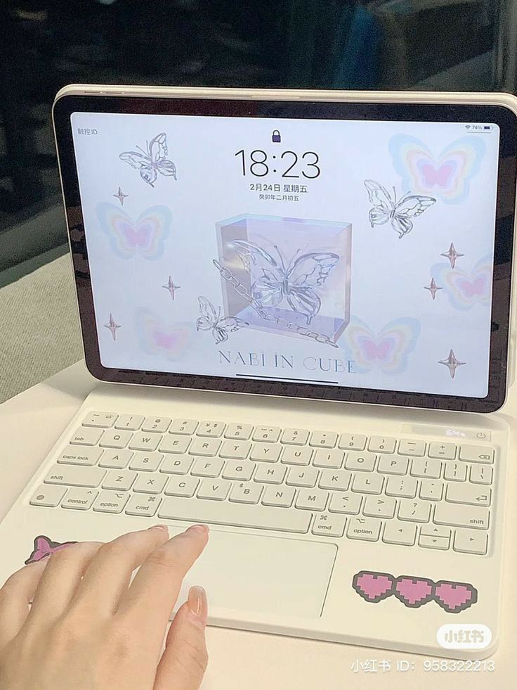 a person typing on a laptop with butterfly stickers on the keyboard and mouse pad